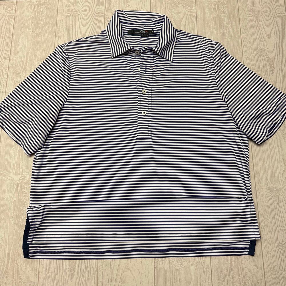 Ralph Lauren RLX Polo Shirt Men’s Medium Purple White Stripe Golf Performance